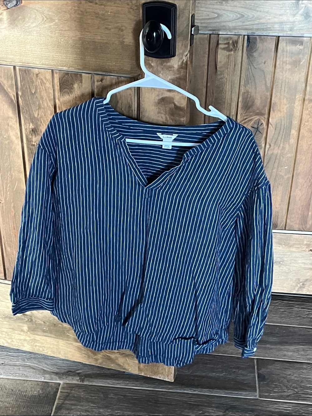 L.L. Bean Navy Blue White Pinstripe V-Neck Blouse